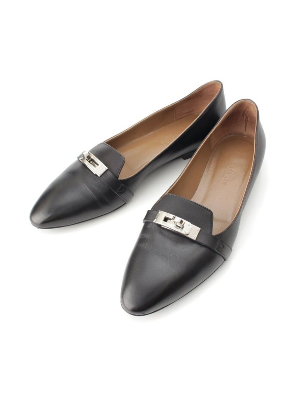 Hermes Bilbao Leather Kelly Almond Toe Flat Pumps Black Brown